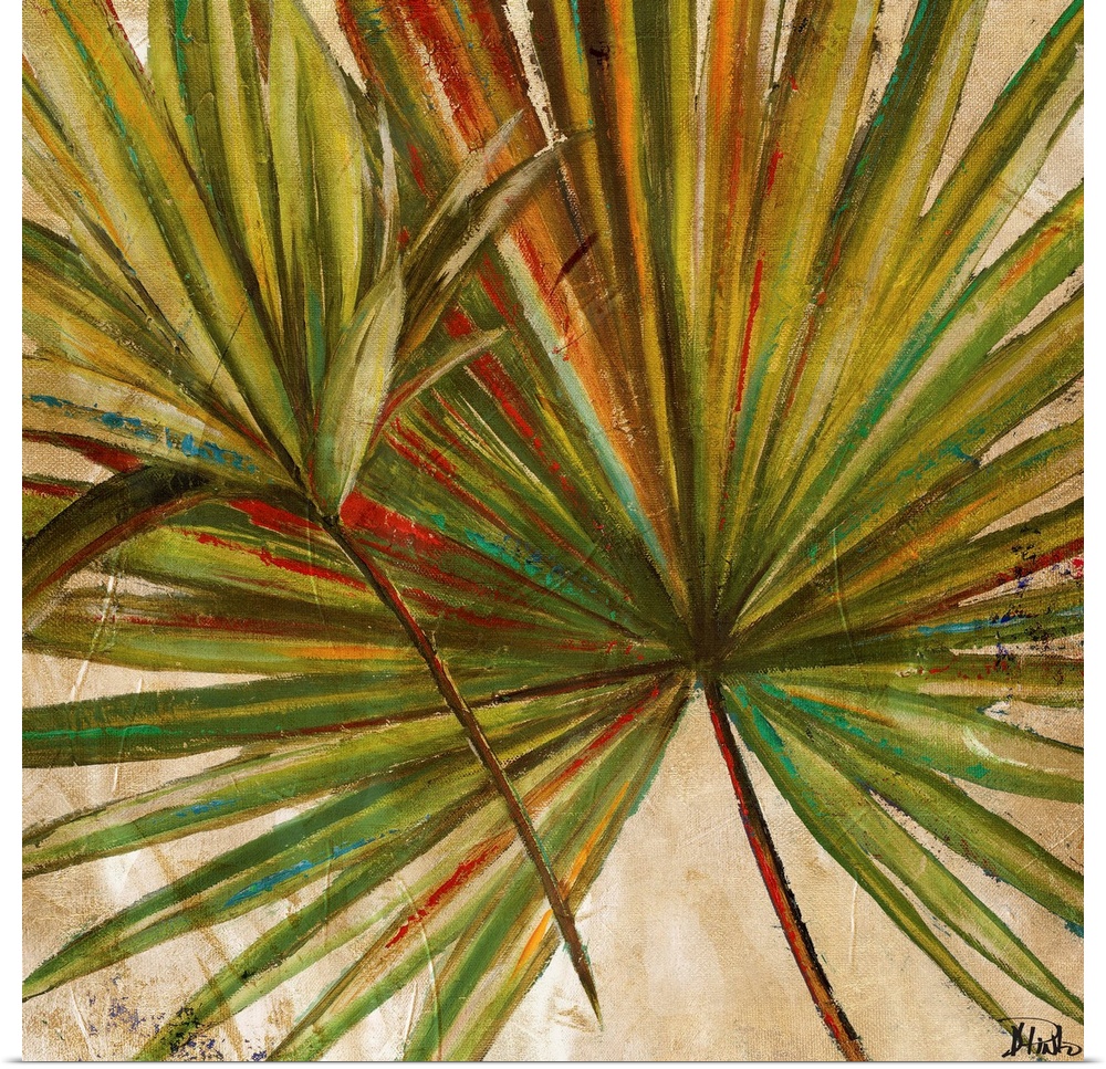 Painting of a vibrant green palm frond against a beige background.