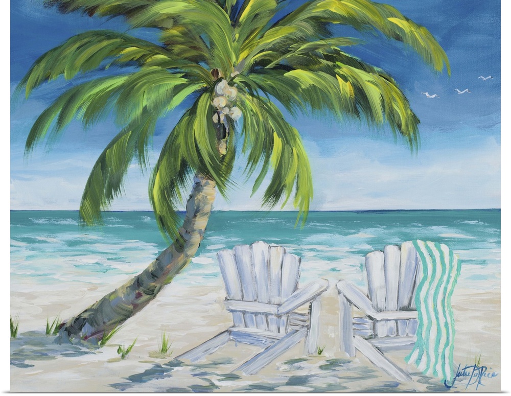 Contemporary painting of a relaxing beach scene with two beach chairs under the shade of a palm tree.