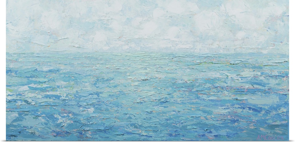 Contemporary artwork of a blue seascape with a cloudy sky.