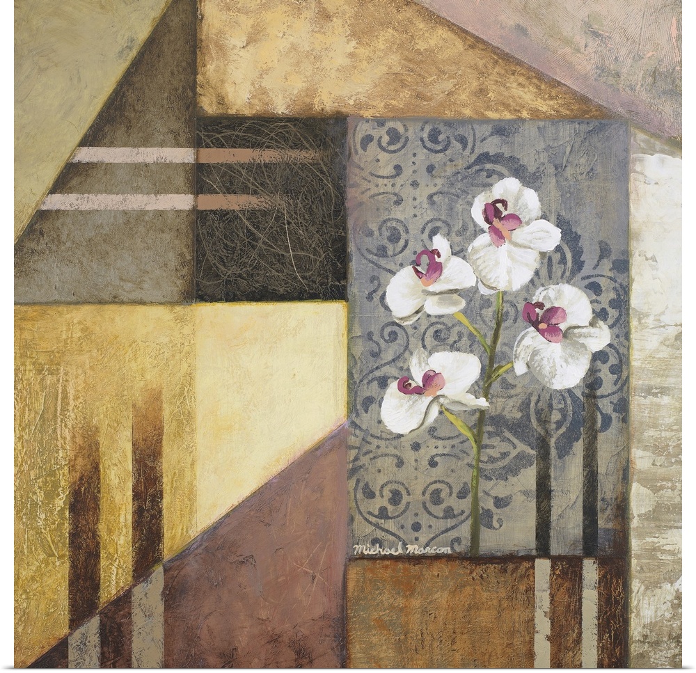Square painting on canvas of flowers and different shapes together on canvas.