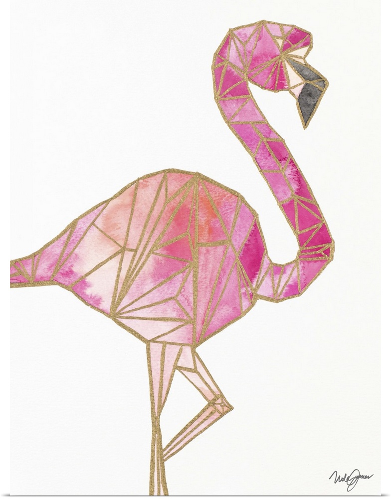 Pink flamingo with golden outlines, making it look geometric.