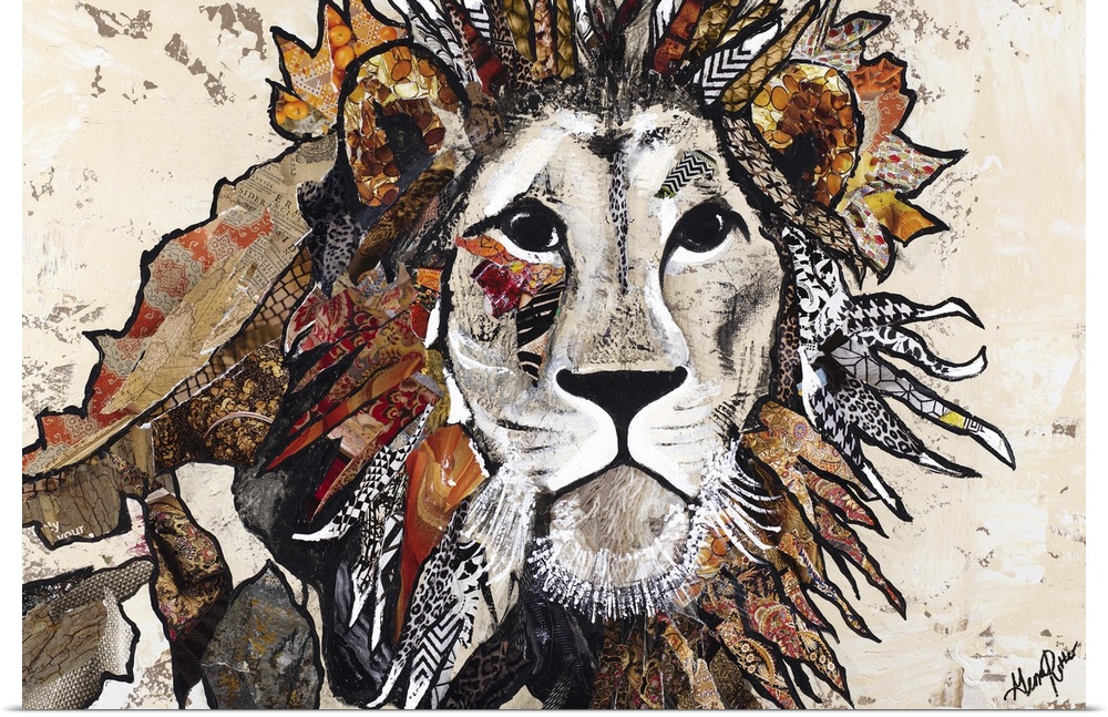 Painting of a watchful lion with patterned elements in his mane.