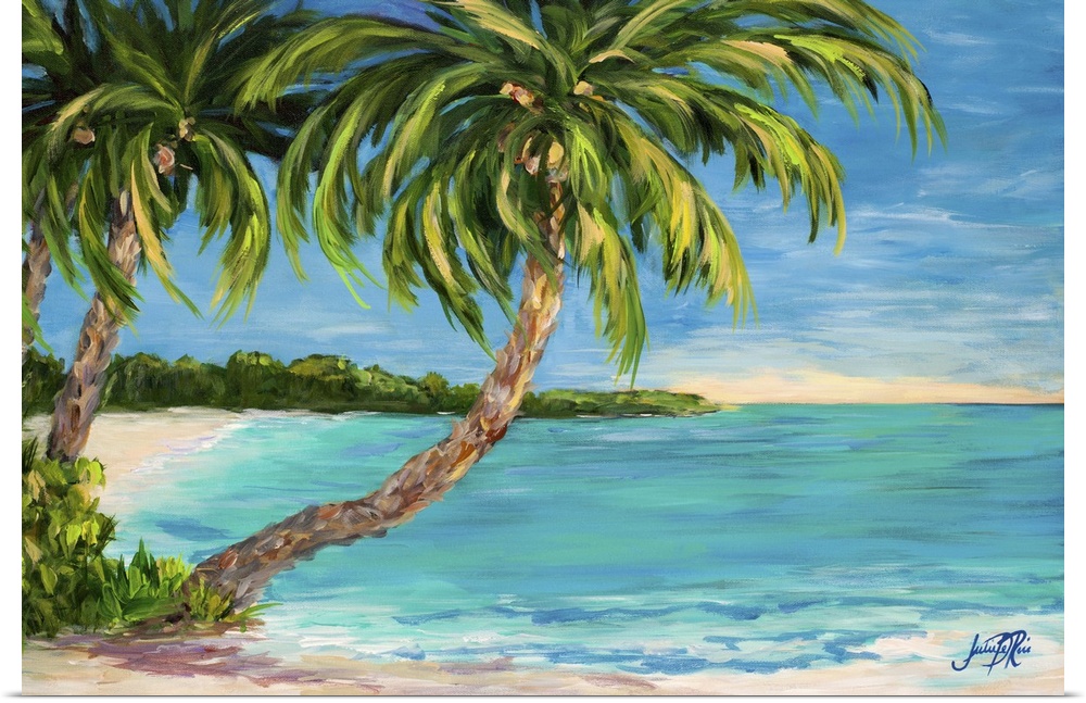 Painting of palm trees stretching out over a tropical ocean.
