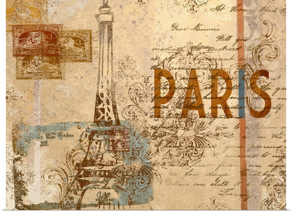 Digital composite of a collection vintage elements, including the Eiffel tower, postage stamps, and a handwritten letter.