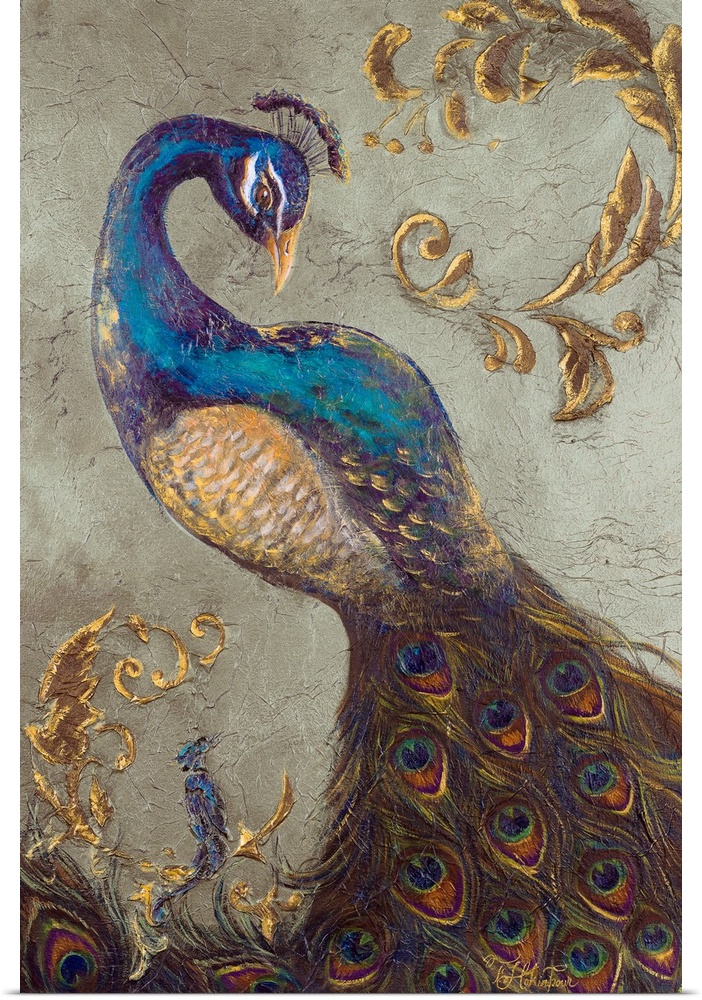 Painting of a feathered bird with long neck posing.  Its colorful eye-like tail feathers fill the bottom of the canvas.  T...
