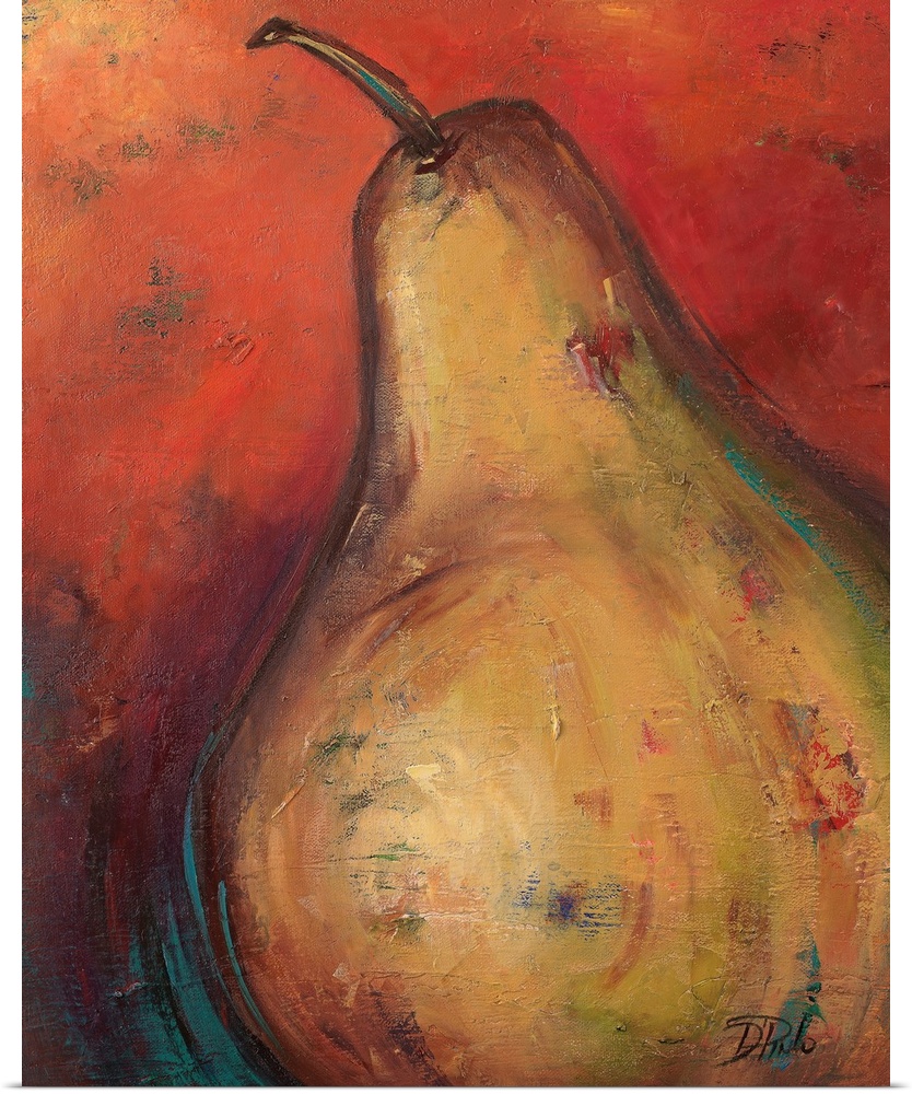 Large painting of a pear on canvas on a warm background.