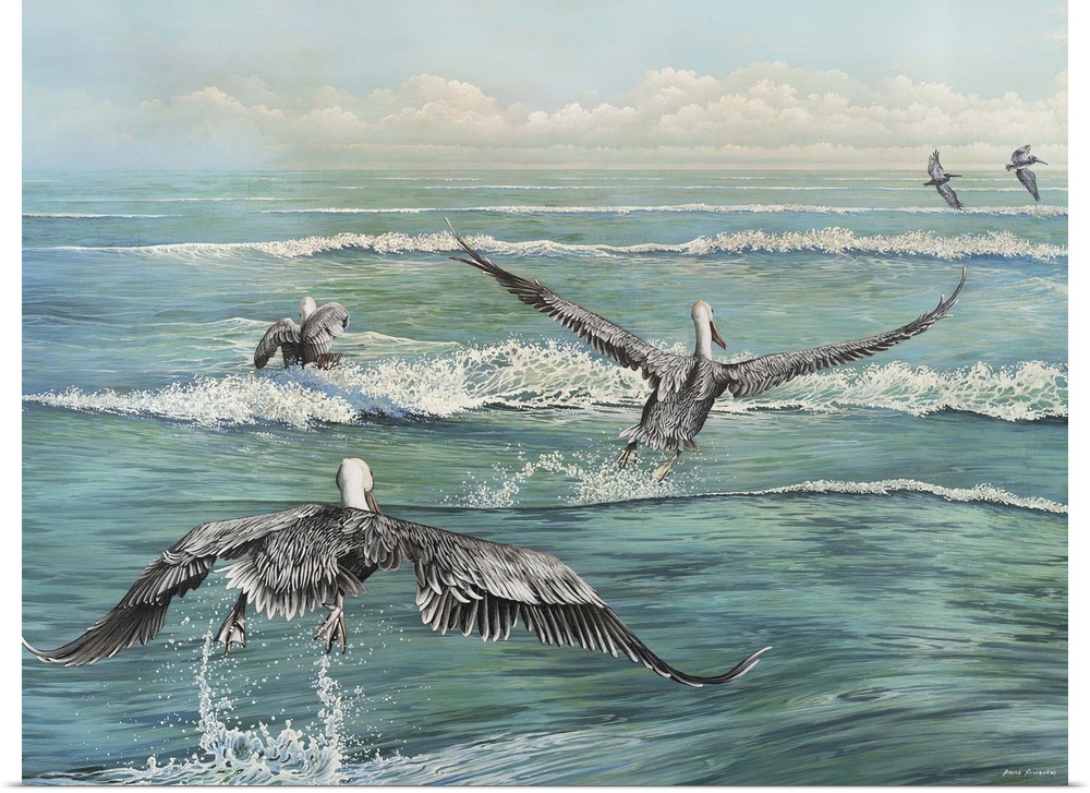 Contemporary painting of a flock of pelicans flying across the water's surface.