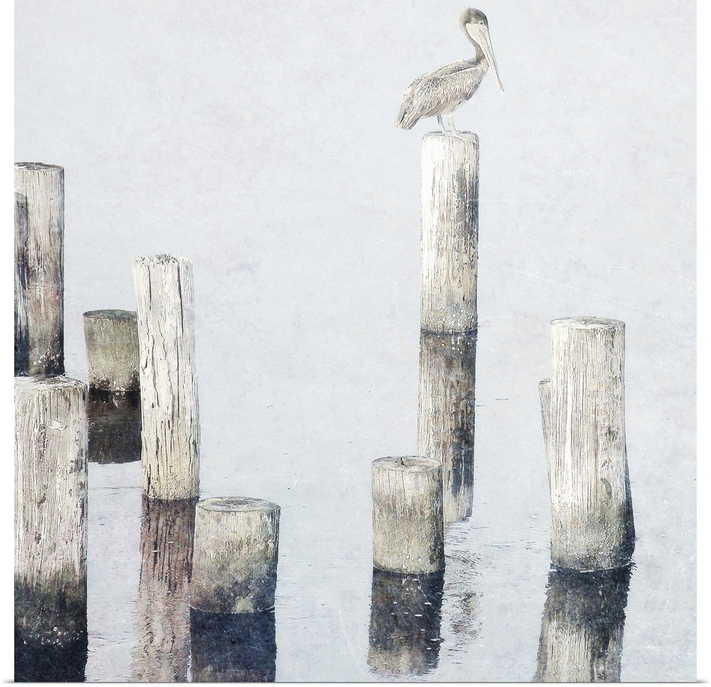 Painting of a pelican perched on a post standing in the ocean.