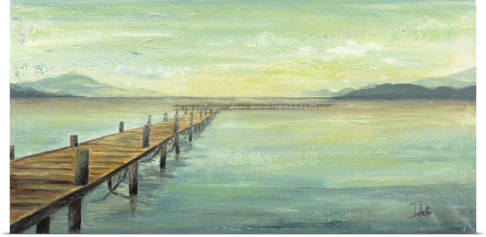 Contemporary painting of a long pier on Lake Placid with mountains in the background in hues of blue, green, and yellow.