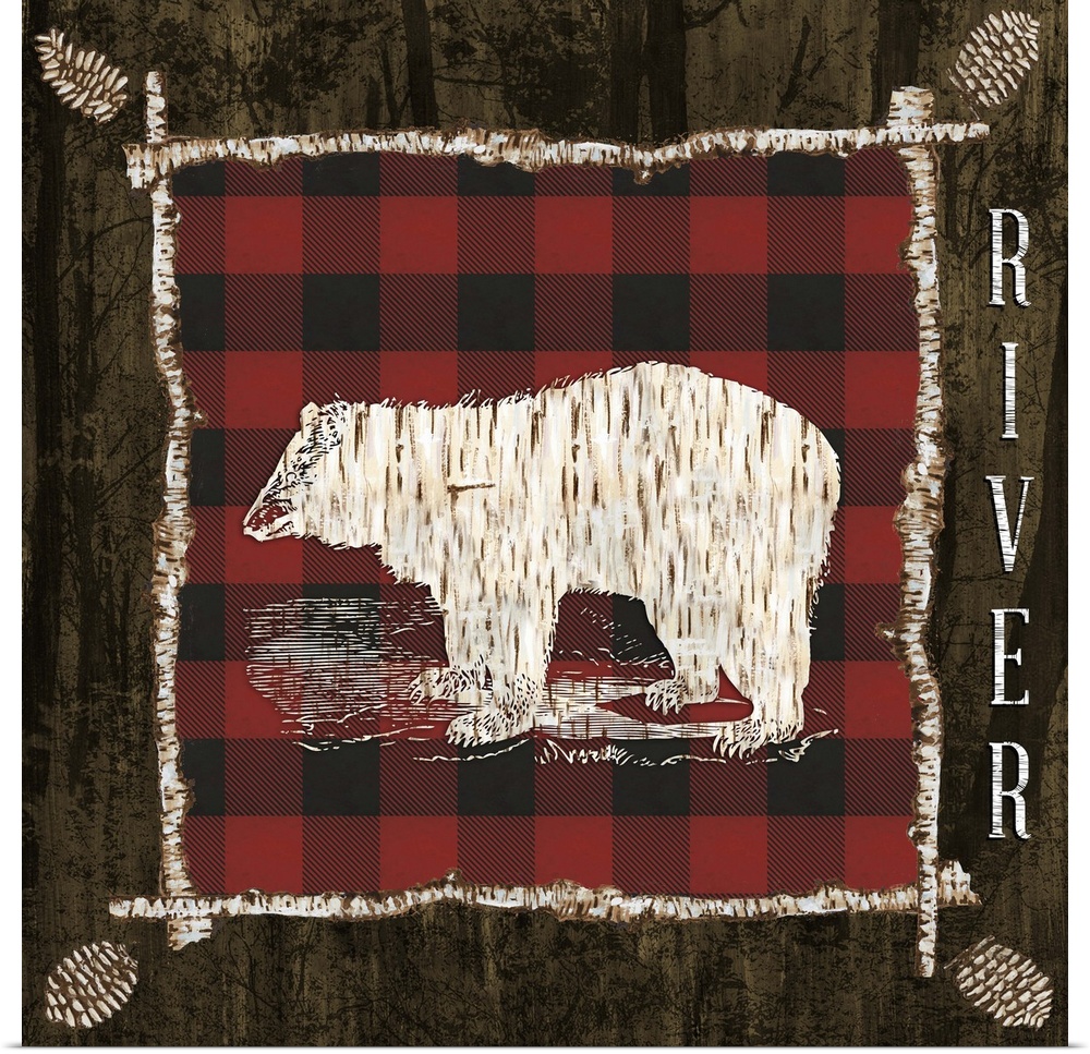 The shape of a bear with a birch pattern on a red flannel.