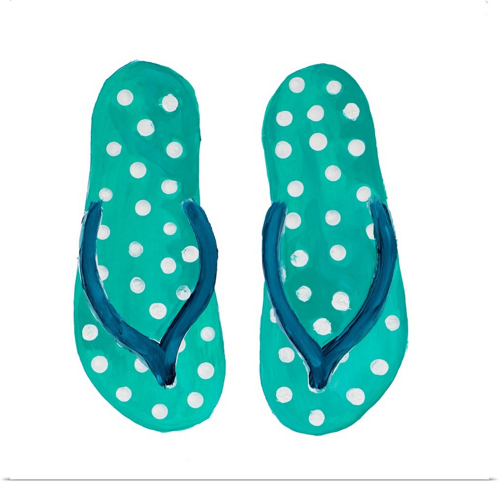 Square painting of teal and blue flip flops with white polka dots.
