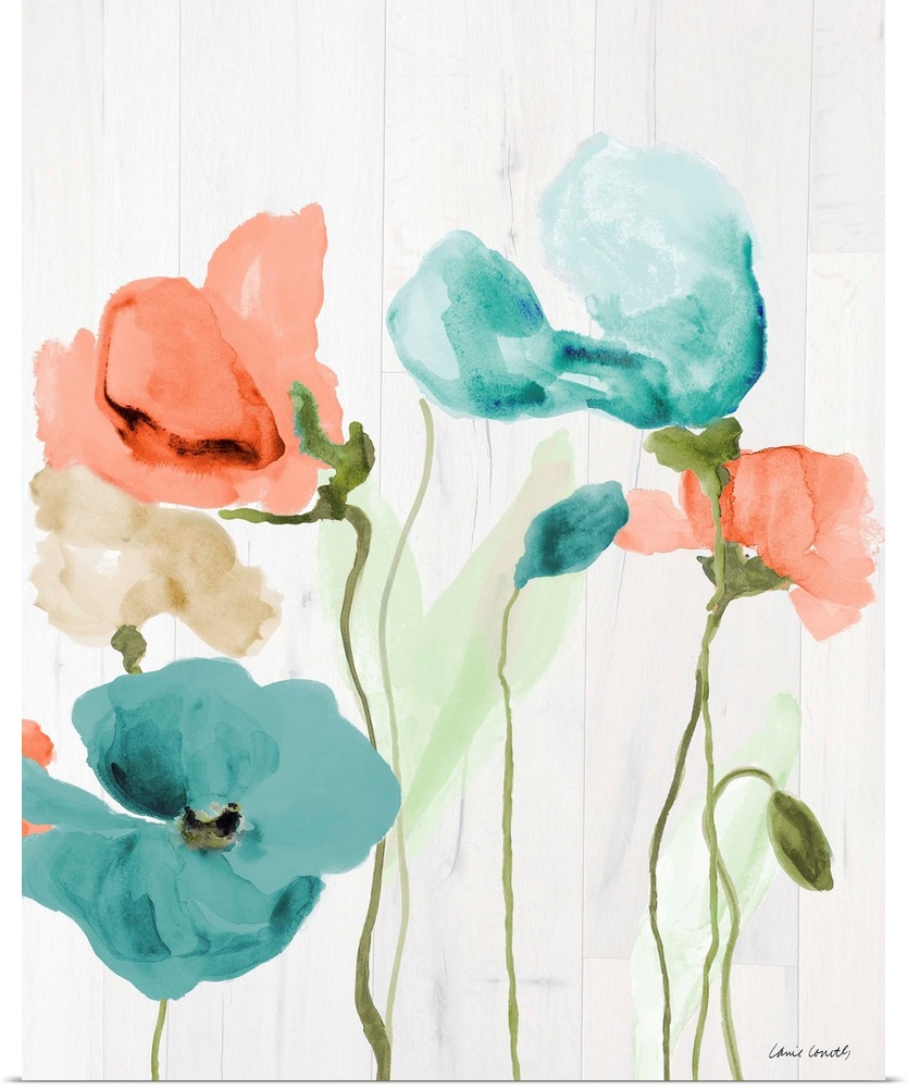 Contemporary watercolor painting of blue and orange poppy flowers on a rustic white wood paneled background.