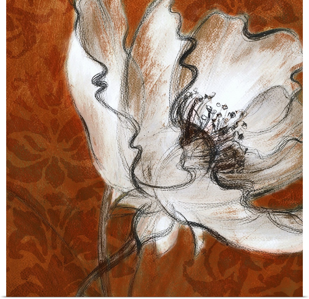 Up-close painting of flower blossom with damask background.