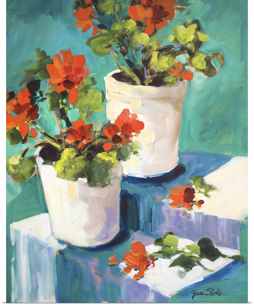 Still life painting of two white pots with red poppies.