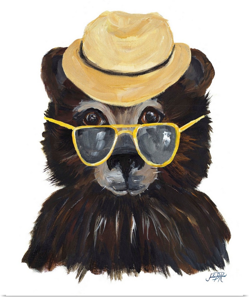 Contemporary painting of a bear wearing a fedora and yellow sunglasses.