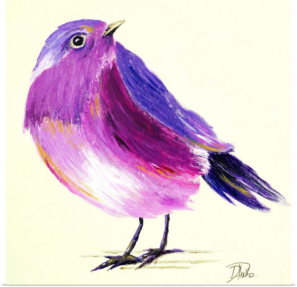 Contemporary painting of a purple and pink bird against a cream background.