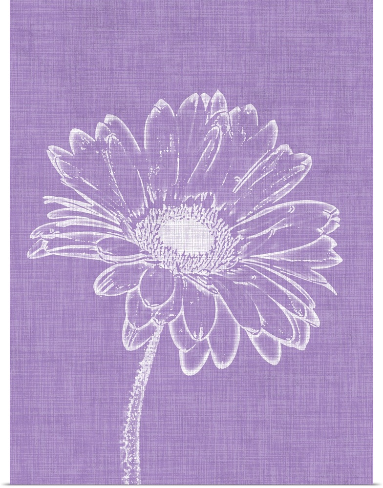 White flower design on a textured purple background.