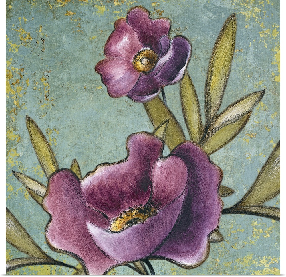 This square piece has two delicate flowers painted against a rugged distressed background.