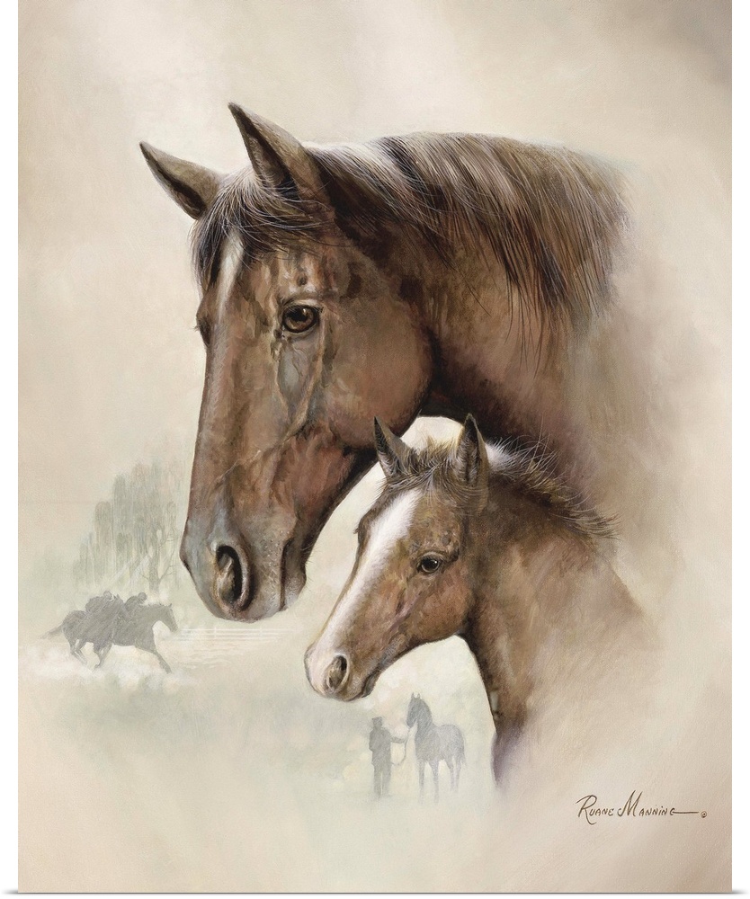 Painted portrait of a brown mare and her young foal.