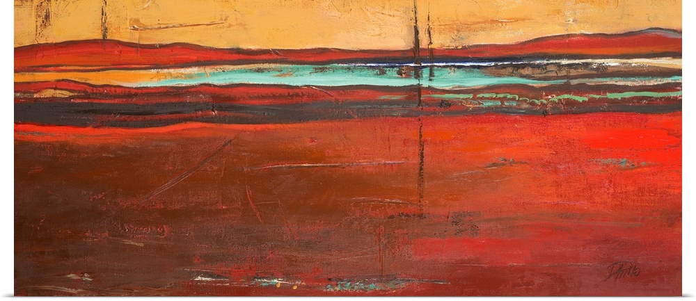 Contemporary abstract painting with horizontal strokes of deep color, resembling hills on the horizon of a desert landscape.