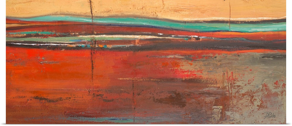 Modern artwork of a landscape with a mix of warm and cool tones. Rough texture visible throughout the work.