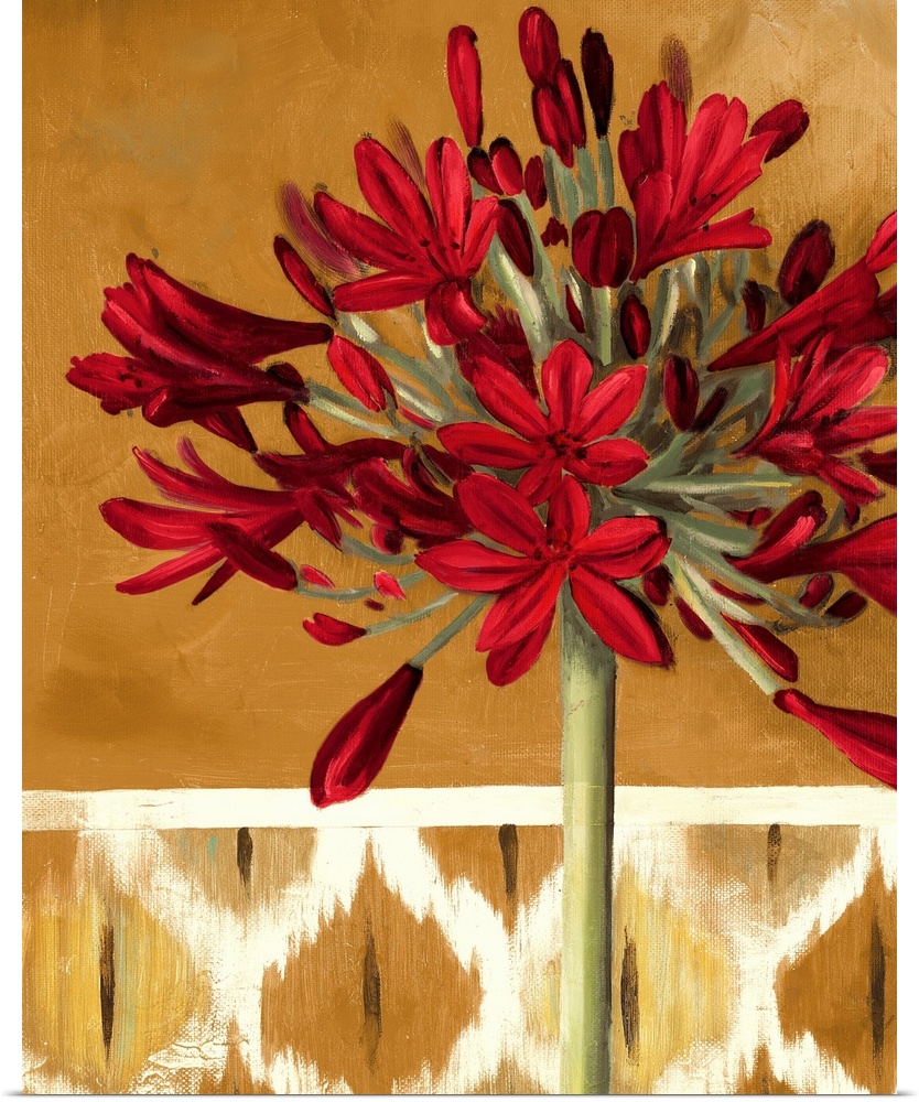 An arrangement of painted lilies against a patterned background.