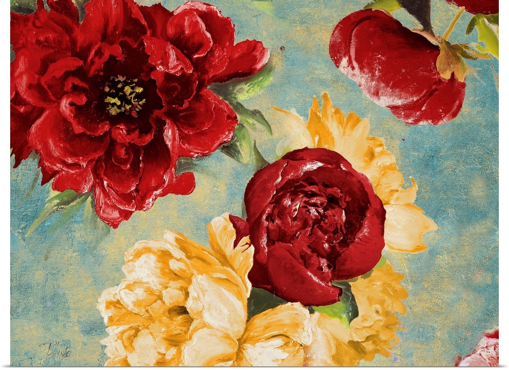 Painting of a close-up of red and yellow flowers.