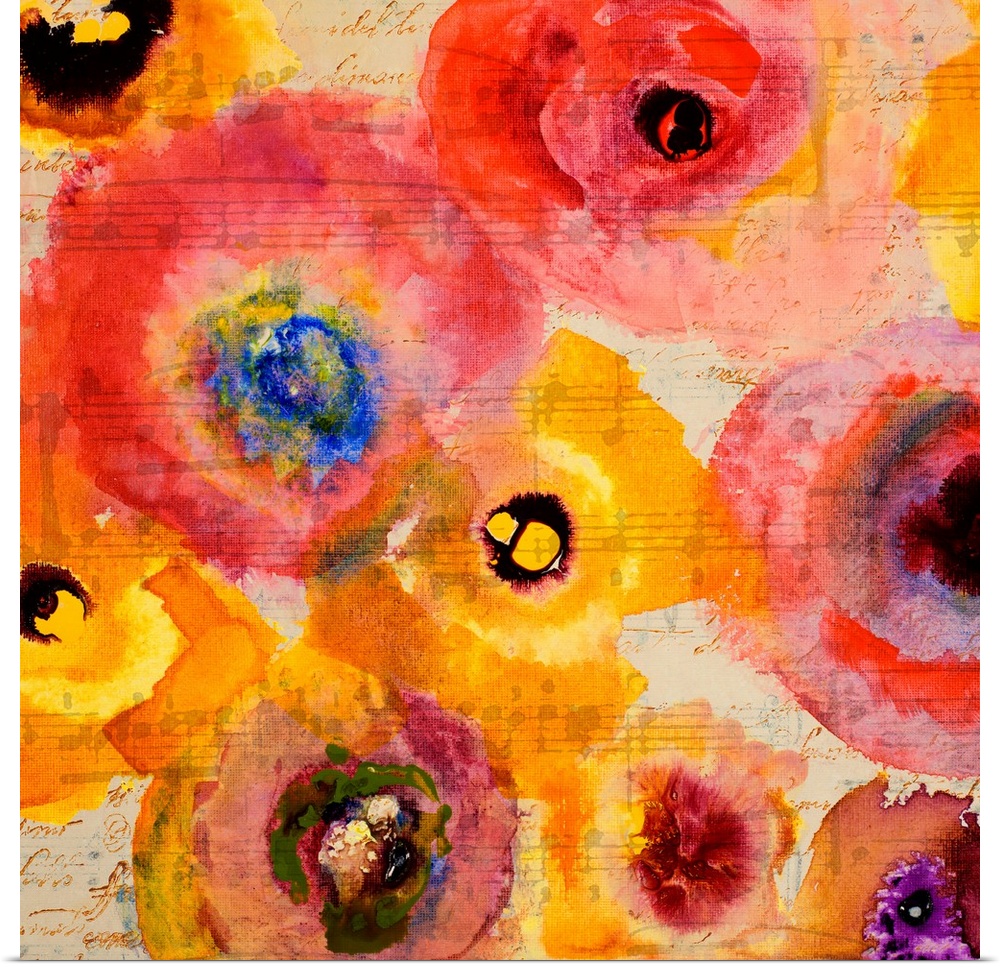 Semi-abstract artwork of a group of bright red and yellow flowers.
