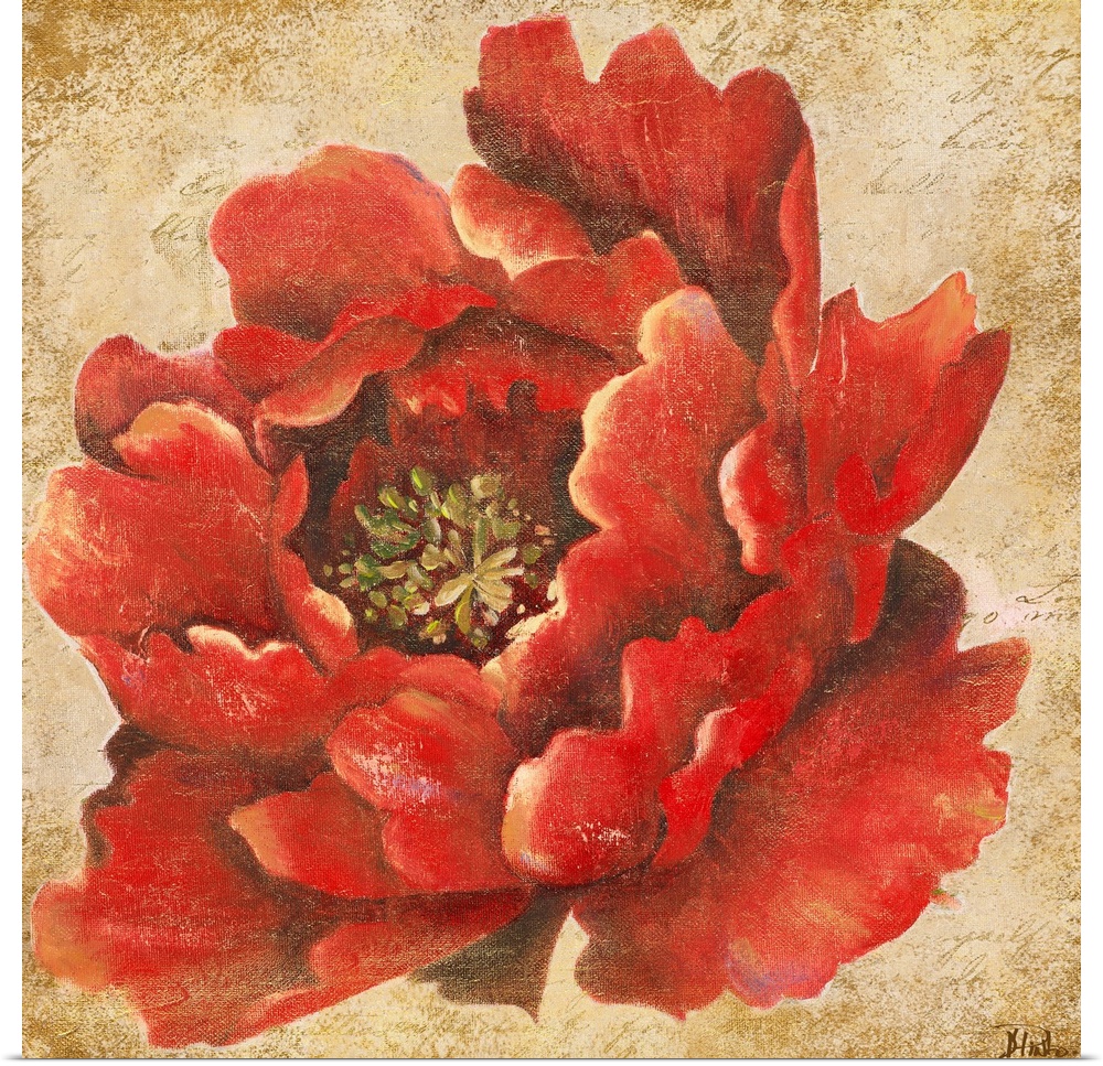 Square painting of a flower on top of a grungy textured background.