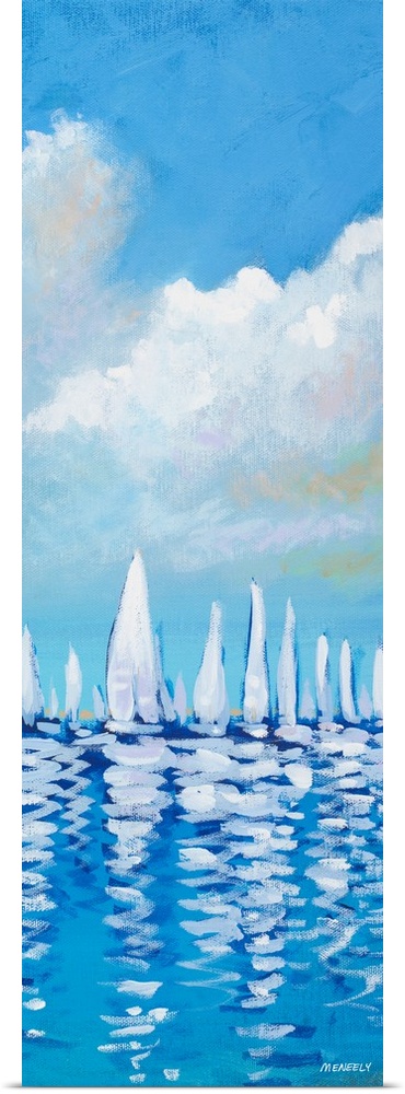 Vertical artwork of a group of white sailboats against a blue sky.