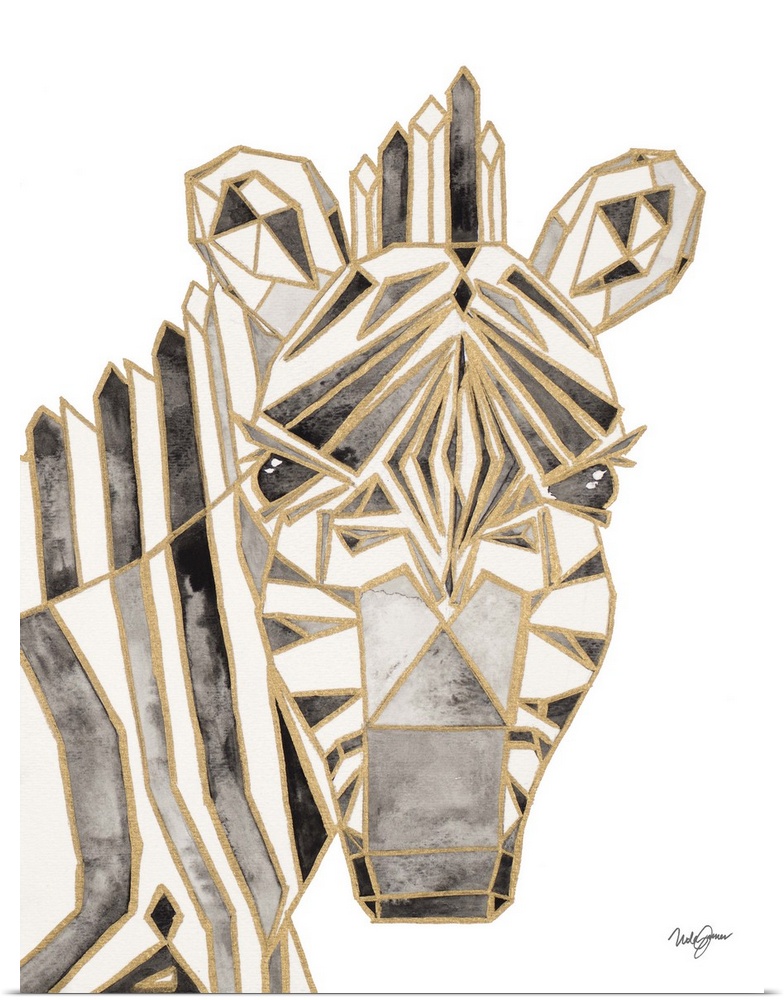 Watercolor painting of a zebra created with metallic gold geometric shapes.