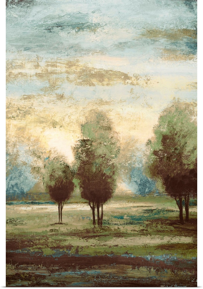 A vertical landscape painting of trees under a misty sky, this painting is the second half of a diptych.