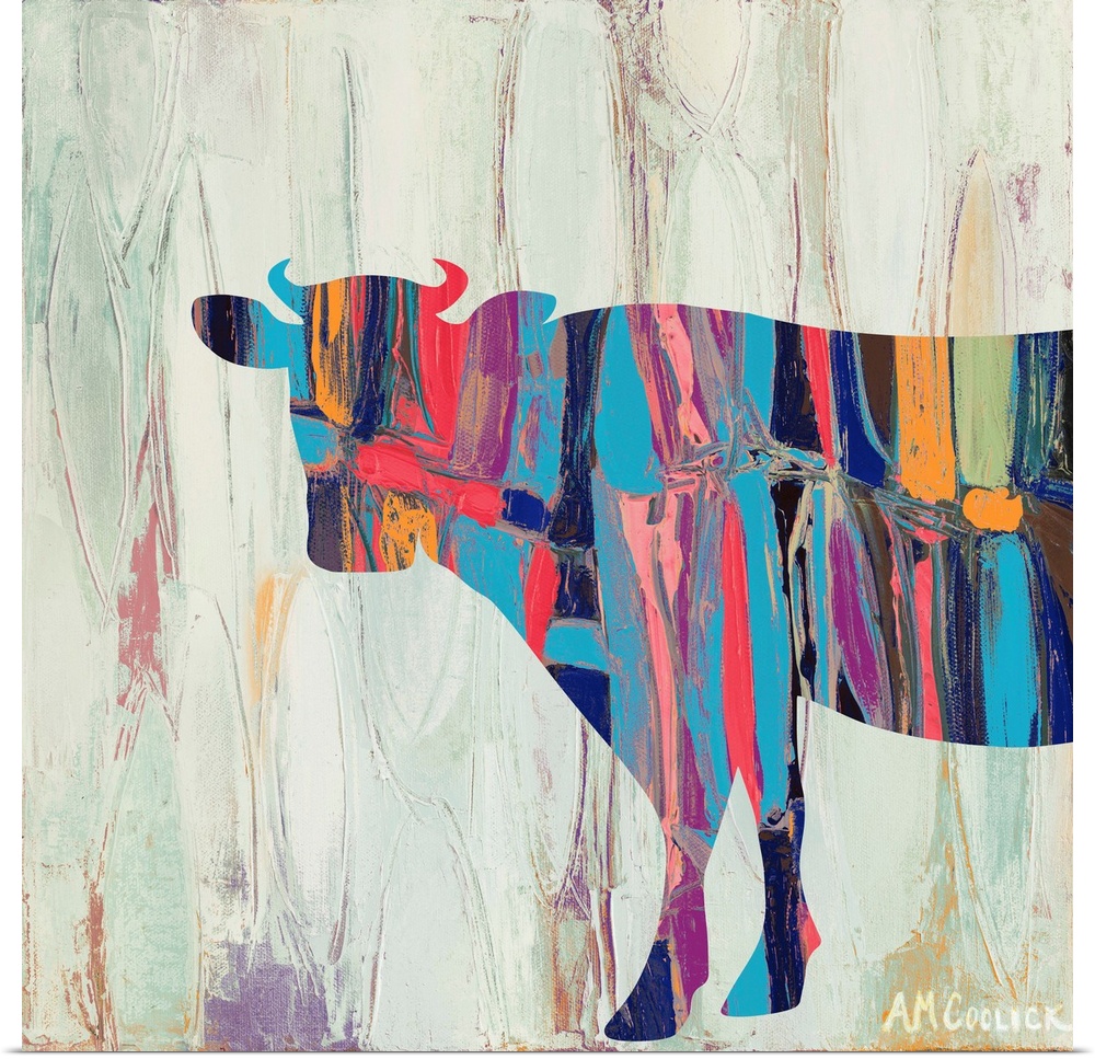 Abstract painting of a cow silhouette with bright colors against a neutral background.