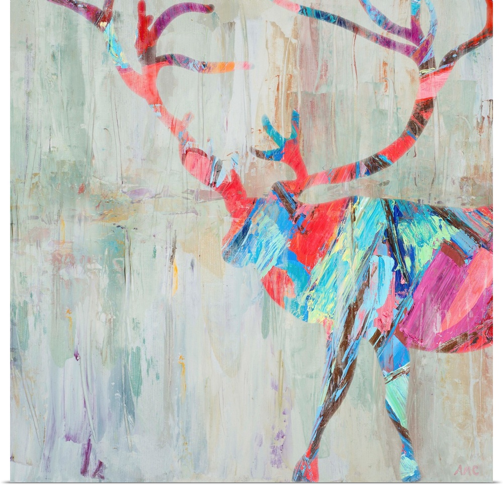 Contemporary painting of a colorful silhouette of a stag with a large rack of antlers.