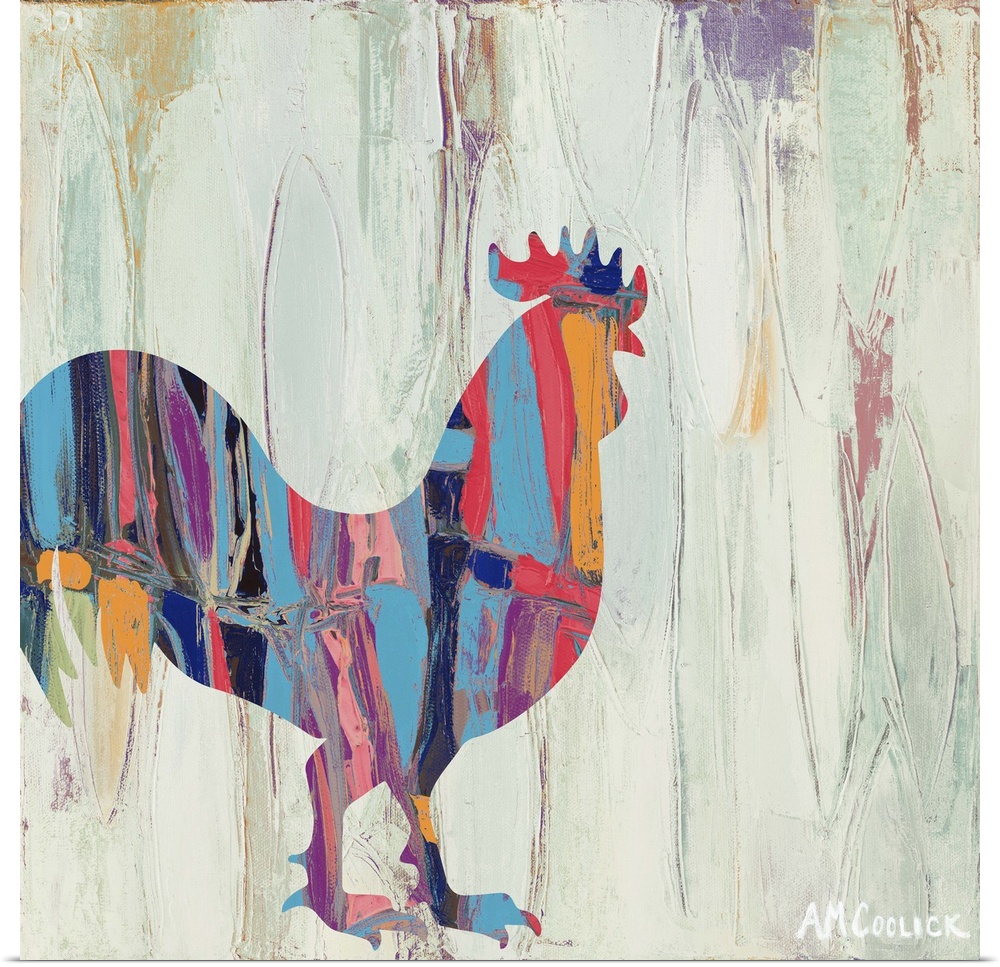 Abstract painting of a rooster silhouette with bright colors against a neutral background.