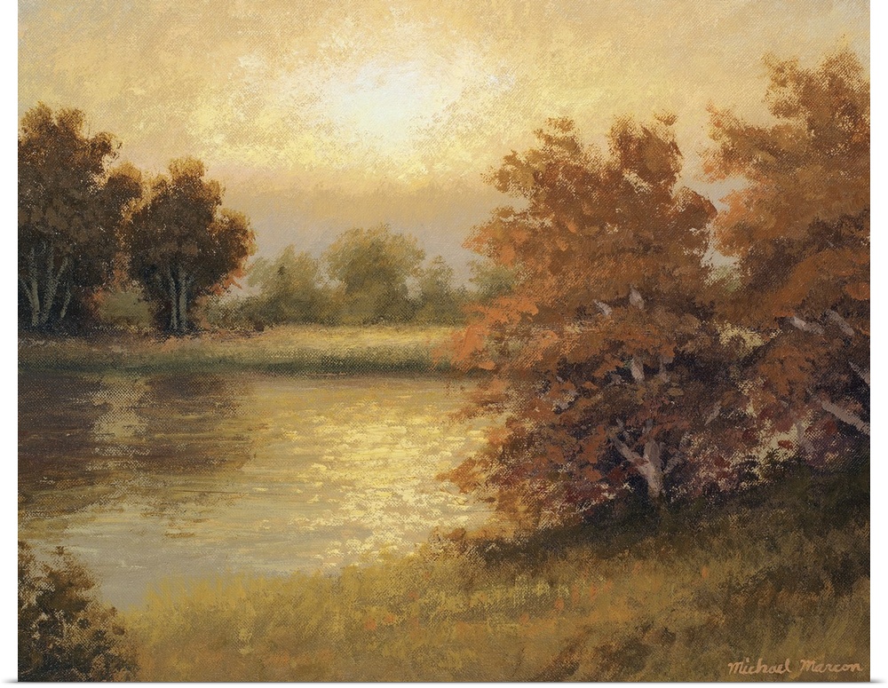 Horizontal painting on big wall hanging of autumn colored trees surrounding a pond, the landscape golden as the sun sets b...