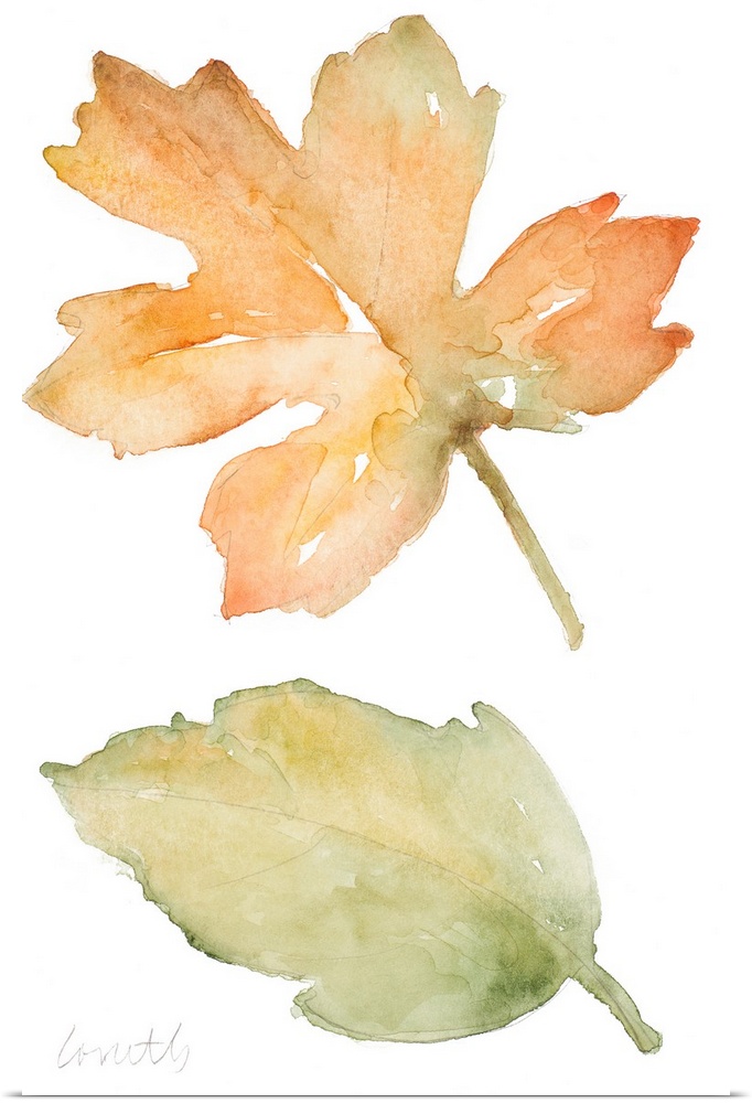 Watercolor painting of two fallen leaves in autumn colors.