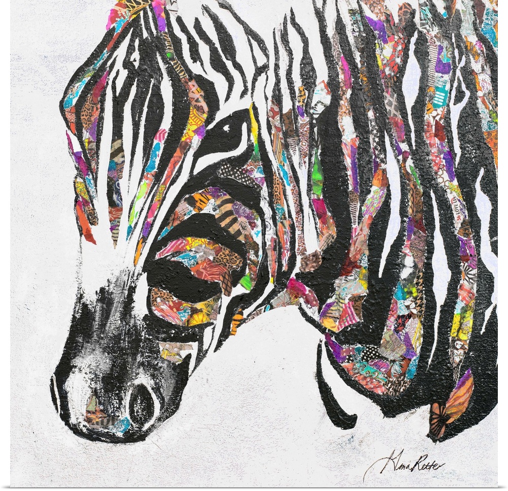 Contemporary painting of a zebra with bright colors and patterns between the stripes.