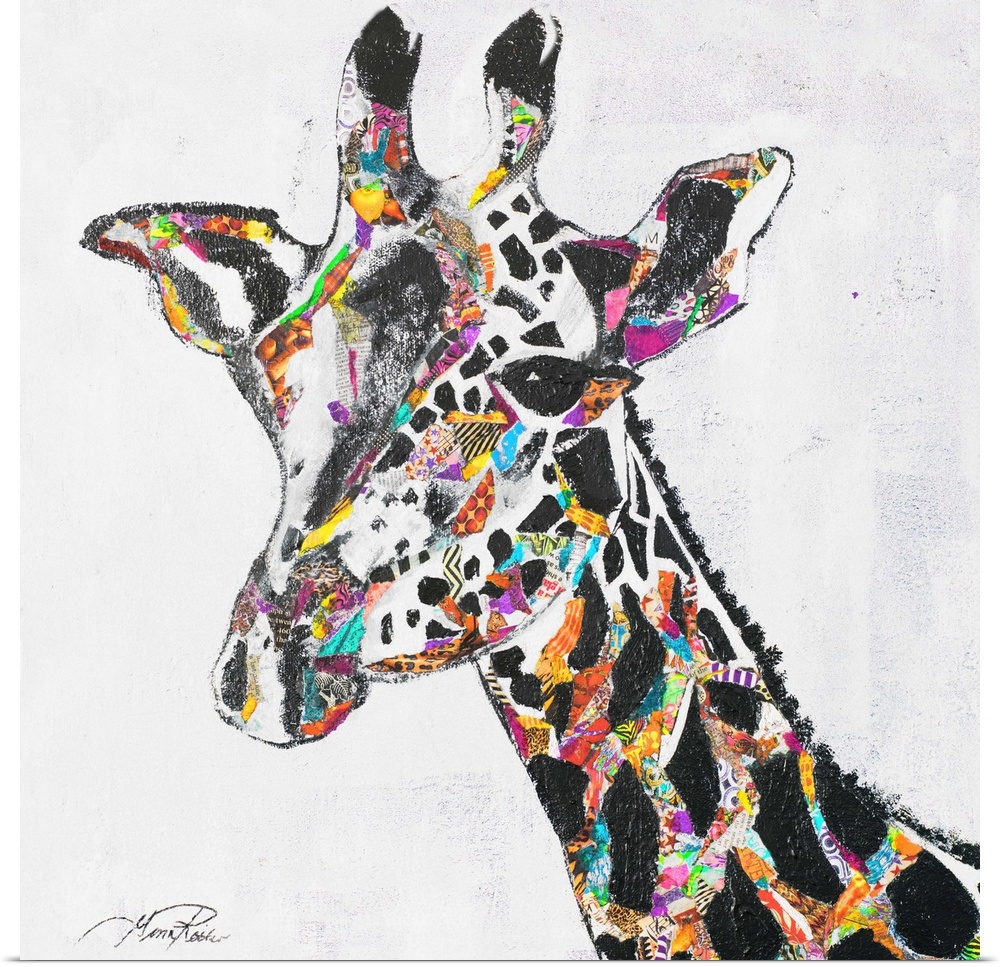 Contemporary painting of a giraffe with bright colors and patterns between the spots.