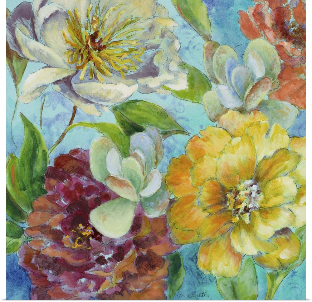 Painting of several colorful flowers in a bouquet.