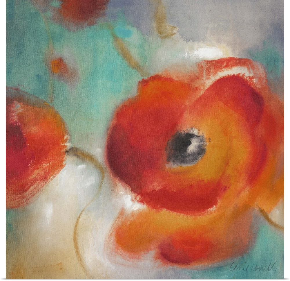 Floral painting of a large blooming poppy flower on a blurred colorful background.