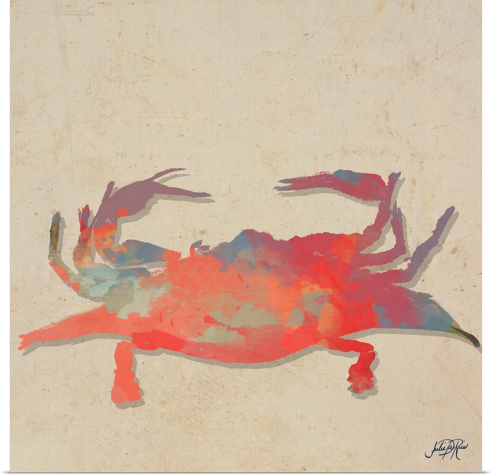 Painting of a red abstract crab on a beige background.