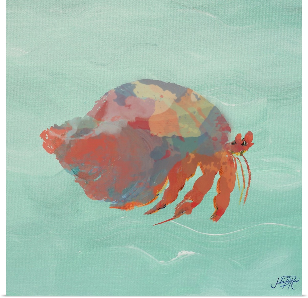 Painting of a red abstract hermit crab on a teal background.