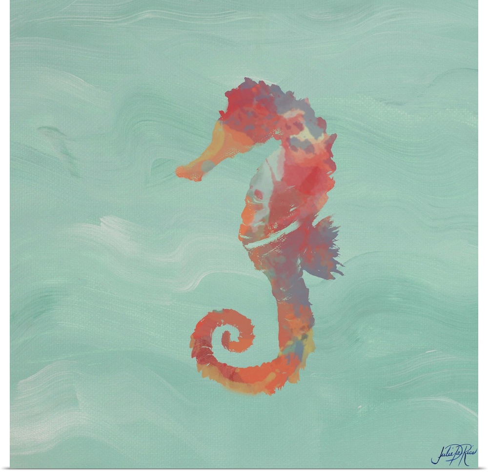 Painting of a red abstract seahorse on a teal background.