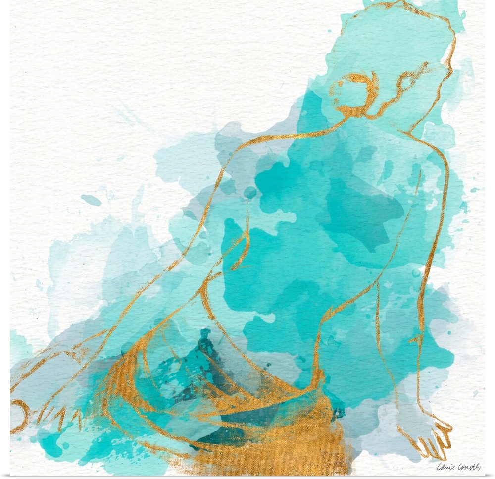 Drawing of a nude figure with blue and gold watercolor.
