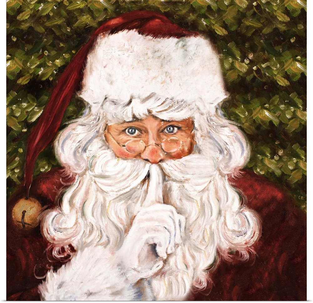Painting of Santa Claus in front of a Christmas tree.