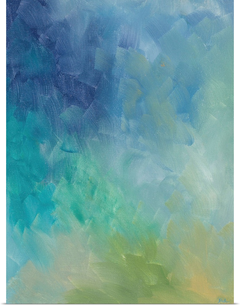 Abstract painting in teal and blue shades blending softly together.