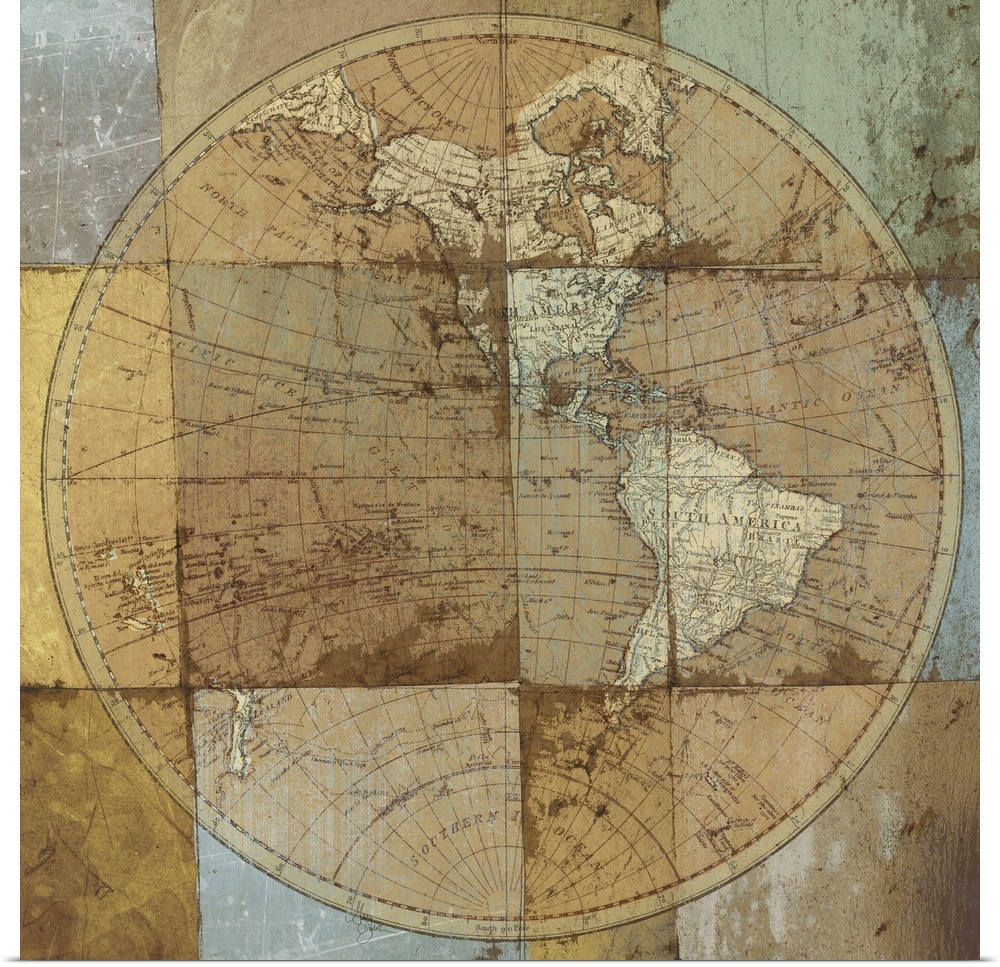 Mixed media artwork with the image of a globe with continents, gridlines, and longitude and latitude overlaying a painting...