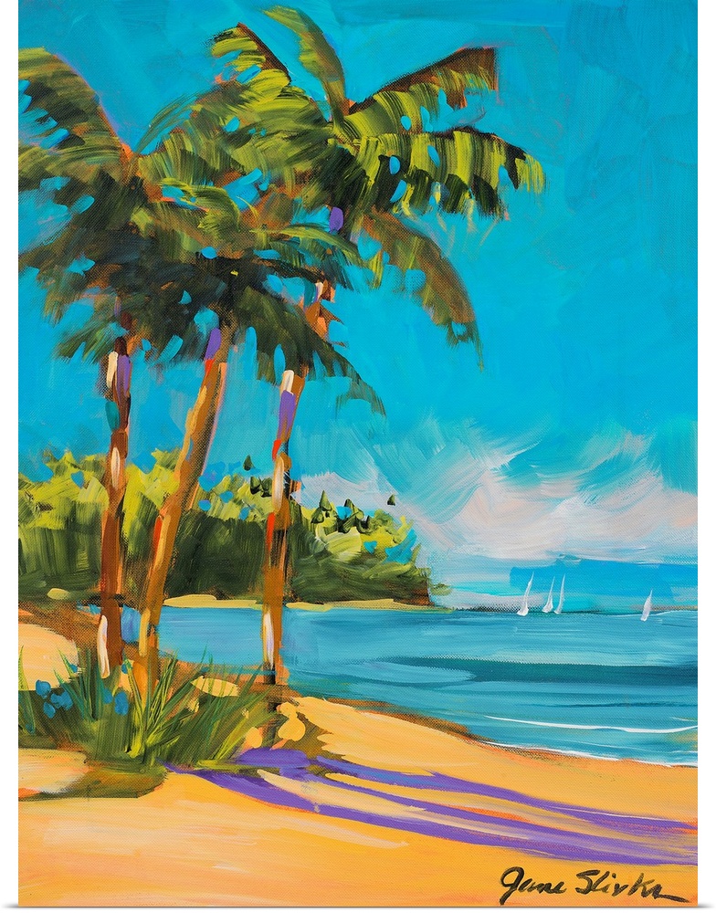 Big, vertical painting of three large palm trees swaying in the sun, over the beach, along the shoreline.  Several boats i...