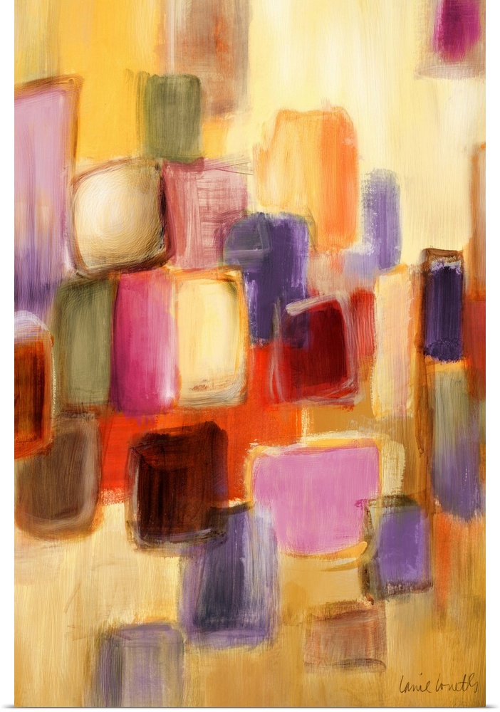 Large contemporary vertical painting of overlapping squares and rectangles in many bright colors, on a streaky background ...